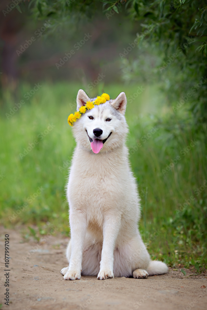 White cute husky dog with wreath of dandelions, summer walking day, green meadow of park White cute husky dog with wreath of dandelions, summer walking day, green meadow of park