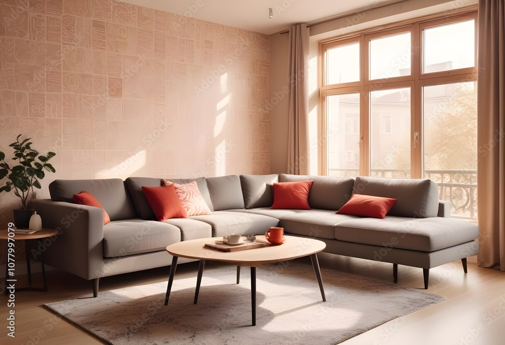 Scandinavian living room interior design zoom background,Doodle patterned wallpaper graphics Scandinavian living room interior design zoom background,Doodle patterned wallpaper graphics