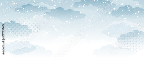 グレイッシュな青の雲と舞い散る桜吹雪の和風背景ベクターイラスト　横長