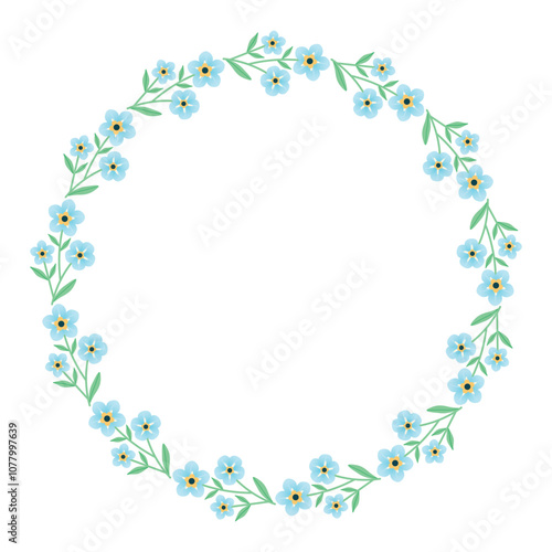 Forget me not flower round frame. round frame with flowers around the perimeter. Delicate blue flowers. Vector illustration.