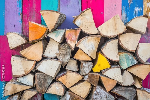 Firewood stacked against colorful wooden planks photo