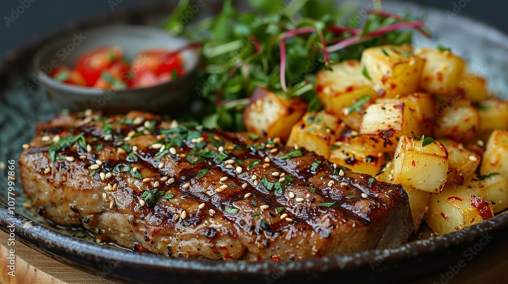 Grilled Steak with Roasted Potatoes and Fresh Herbs: A Delicious and Savory Dinner Grilled Steak with Roasted Potatoes and Fresh Herbs: A Delicious and Savory Dinner