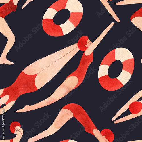 An athlete, a woman in a red swimsuit and a red cap is swimming. Seamless watercolor pattern, hand drawn. Black background