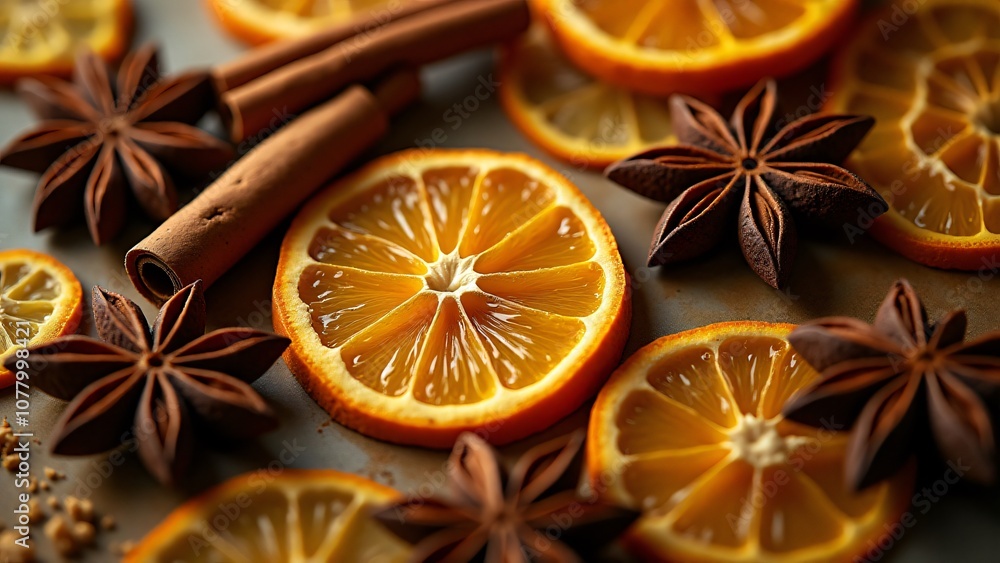 dried orange slices, cinnamon sticks, and star anise arranged in a rustic dried orange slices, cinnamon sticks, and star anise arranged in a rustic