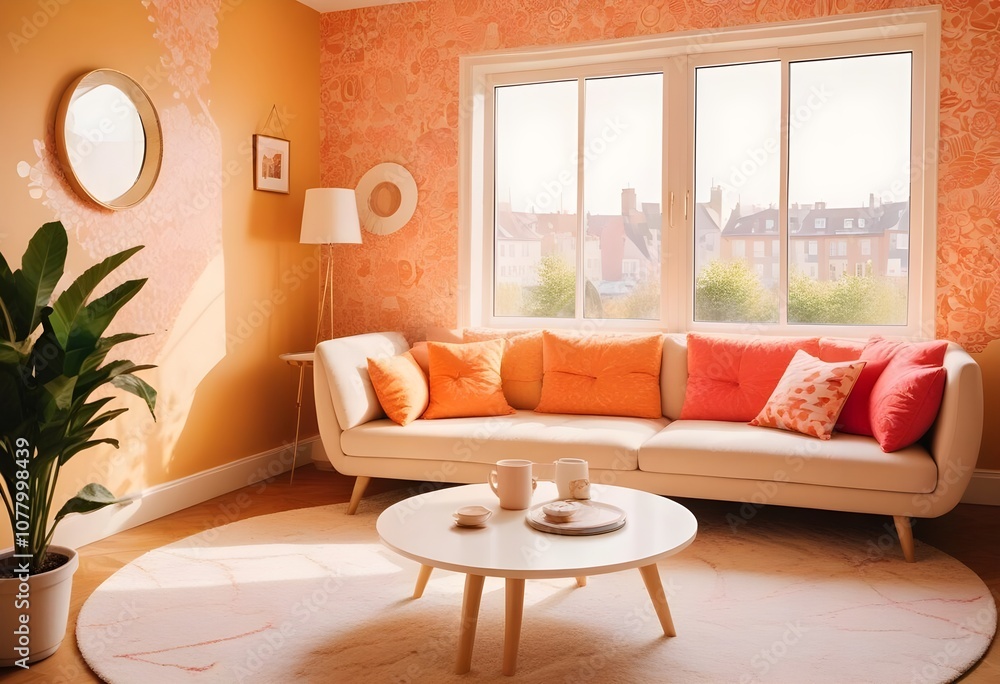 Scandinavian living room interior design zoom background,Doodle patterned wallpaper graphics Scandinavian living room interior design zoom background,Doodle patterned wallpaper graphics