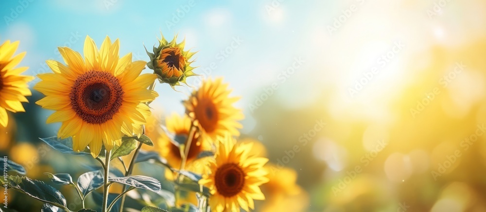 Fototapeta premium Sunflowers blooming in a field, with a bright blue sky and sunshine in the background.