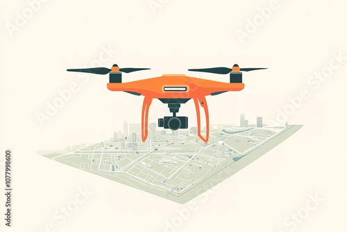 Orange drone flying over city map with camera attached