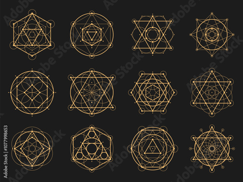 Sacred esoteric geometry. Vector Metatron cube, flower of life, sri yantra, merkaba and tree of life. Hexagram, vesica pisci, seed of life or pentagram. Heptagram, octagram spiritual symmetrical signs