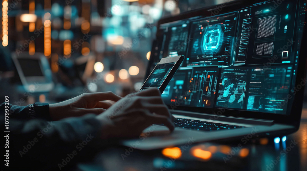 A person is intently working on a laptop and smartphone in a vibrant city at night. Code is clearly visible on the laptop screen, illuminated by ambient lights. A person is intently working on a laptop and smartphone in a vibrant city at night. Code is clearly visible on the laptop screen, illuminated by ambient lights.