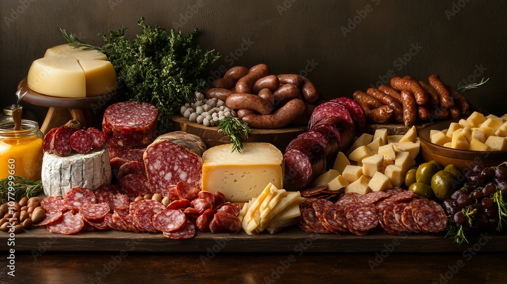 A variety of cheeses, meats, olives, and grapes are arranged on a wooden board. A variety of cheeses, meats, olives, and grapes are arranged on a wooden board.