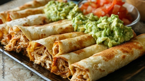 Detailed image of Mexican flautas with shredded chicken rolled and fried tortillas served with guacamole and salsa in a Mexican family kitchen photo