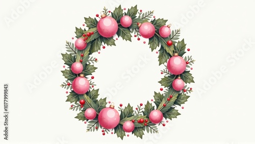 Abstract pastel glow pointillism the christmas wreath symbol filled with pink oranments  on white background christmas backdrop   photo