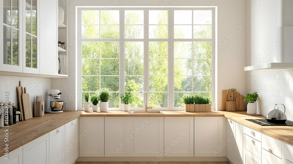 A minimalist kitchen with wooden shelf and cabinets. A minimalist kitchen with wooden shelf and cabinets.