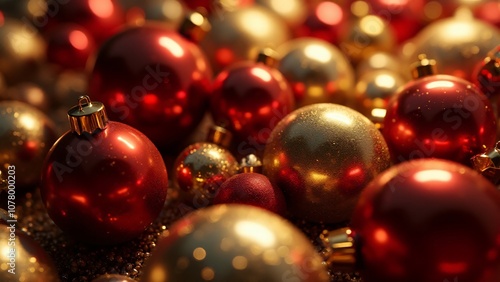 shiny glass ornaments in red, gold, and silver