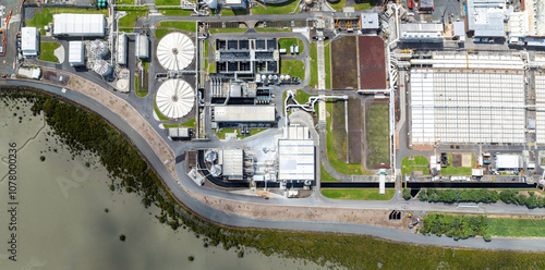 Top down view of Watercare waste water treatment plant in Mangere, Auckland, New Zealand