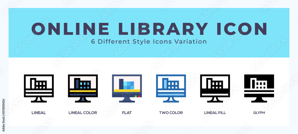 Online library icon set. outline. glyph black. flat color and filled line color Online library icon set. outline. glyph black. flat color and filled line color