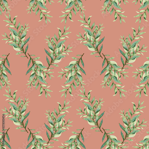 Watercolor greenery seamless pattern, floral texture on pink background