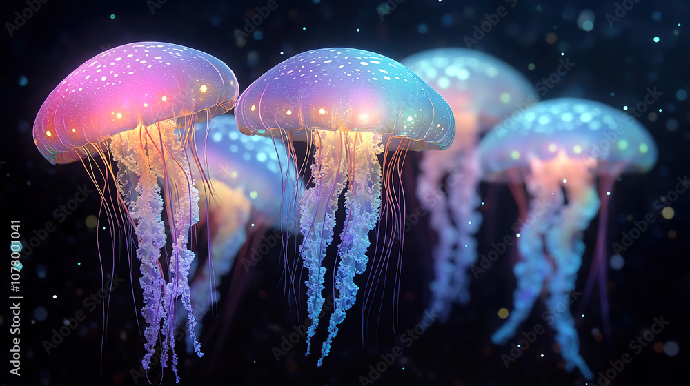 3D render of glowing jellyfish in the dark sea, with glowing lights 3D render of glowing jellyfish in the dark sea, with glowing lights