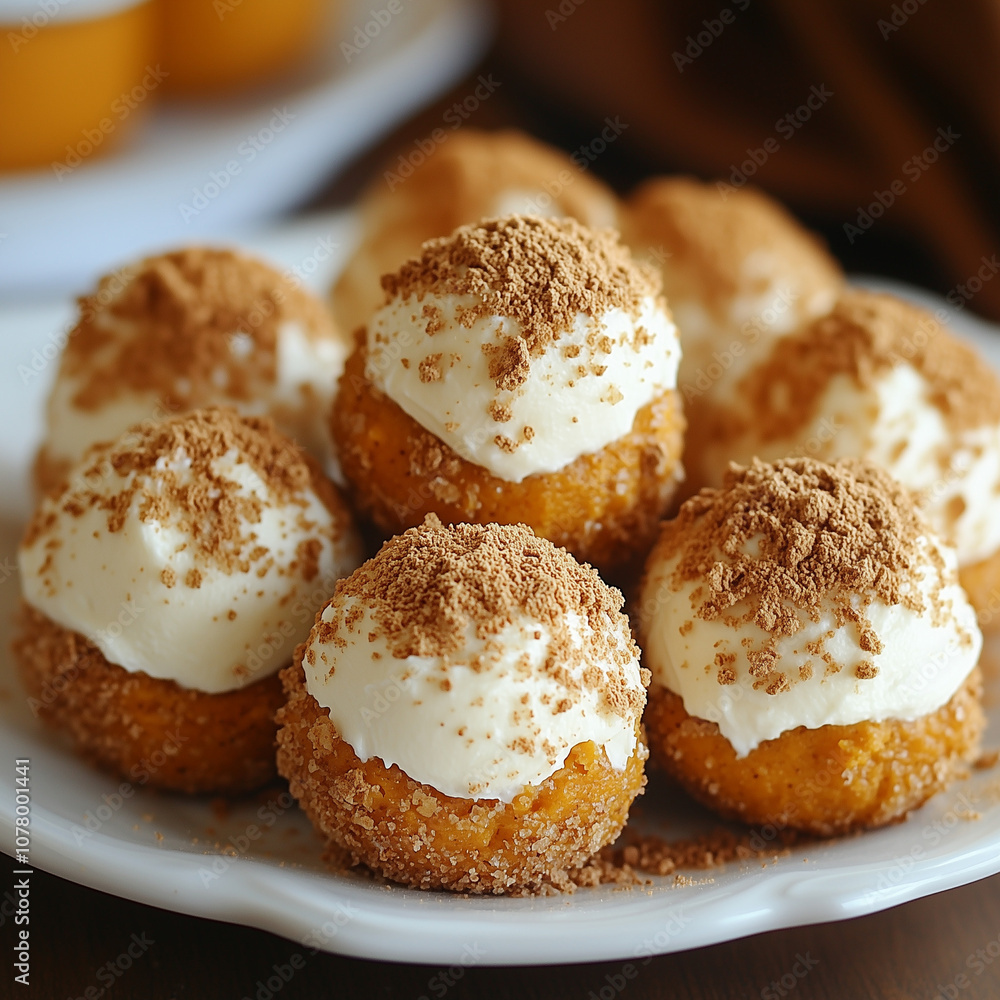 A tempting display of pumpkin spice ice cream balls garnished with cinnamon sits on a white plate. Lively pumpkins add warmth to the autumn setting. A tempting display of pumpkin spice ice cream balls garnished with cinnamon sits on a white plate. Lively pumpkins add warmth to the autumn setting.