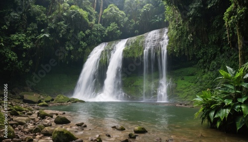 cascading waterfall in a tropical rainforest, powerful and refreshing