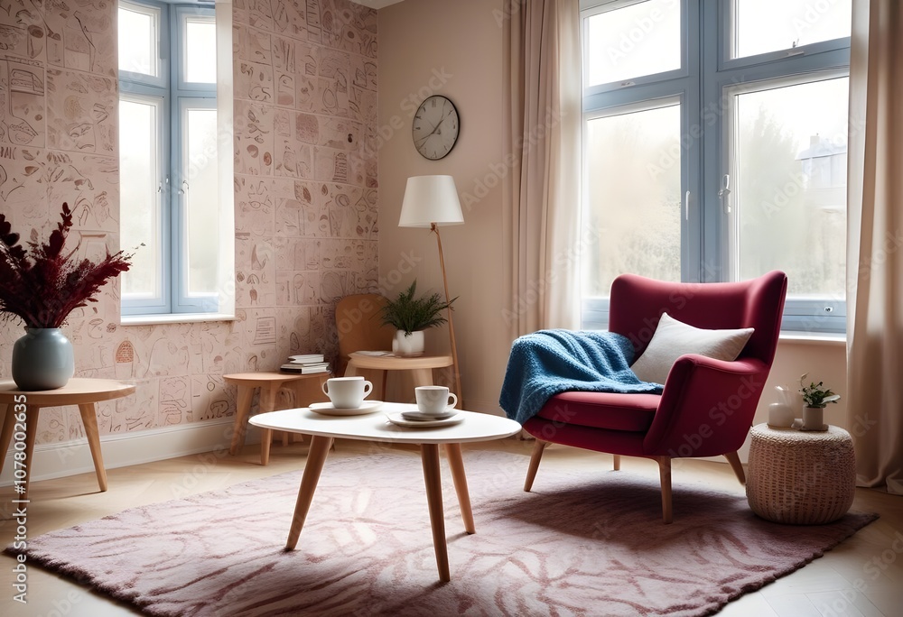 Scandinavian living room interior design zoom background,Doodle patterned wallpaper graphics Scandinavian living room interior design zoom background,Doodle patterned wallpaper graphics