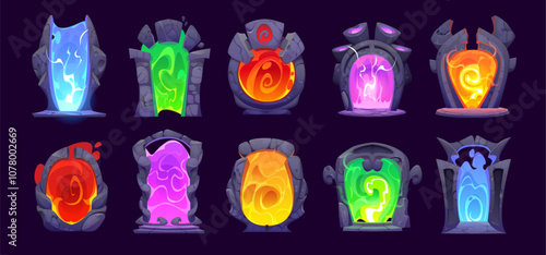 Magic portal doors, fantasy stone arch game asset, vector UI. Cartoon gates to another world or parallel universe with color light vortex. Time travel teleports, magic doors and fantastic portals