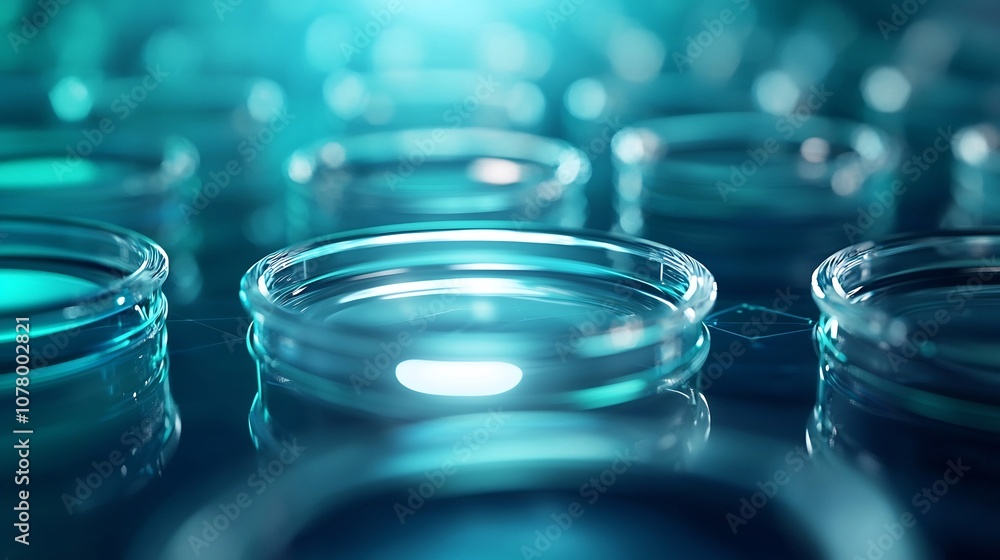 Close-up view of transparent petri dishes in a controlled research laboratory setting Close-up view of transparent petri dishes in a controlled research laboratory setting