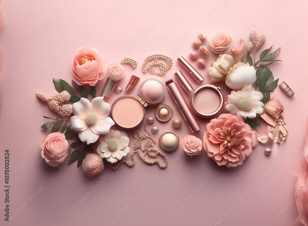 A flat lay showcasing a collection of pink and gold beauty products, flowers, and decorative accents on a light pink background. A flat lay showcasing a collection of pink and gold beauty products, flowers, and decorative accents on a light pink background.