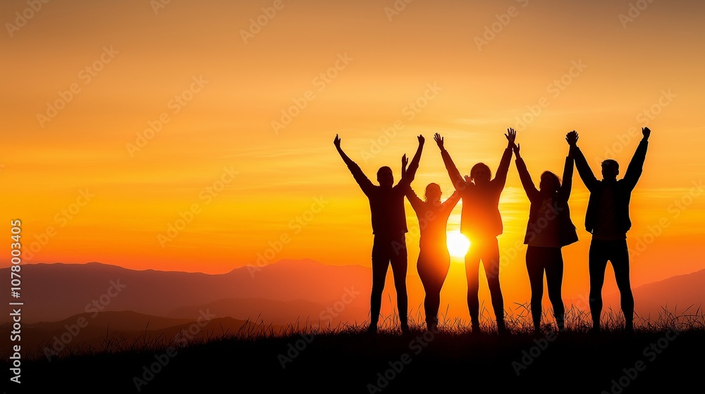 Fototapeta premium Silhouetted figures celebrate against a stunning sunset backdrop, evoking feelings of joy, unity, and natural beauty.