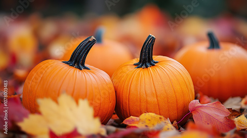 Close-up of pumpkins and autumn leaves, showcasing the beauty of the fall season in the background photo