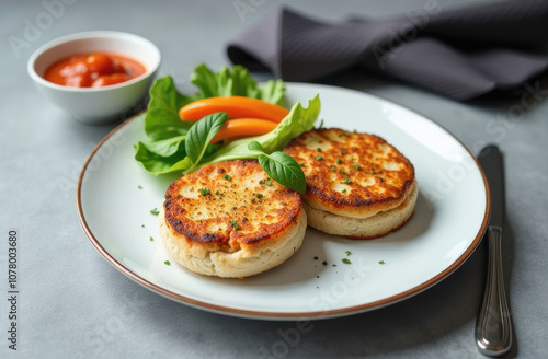 Savory cheese pancakes with fresh basil and bell peppers on elegant white plate