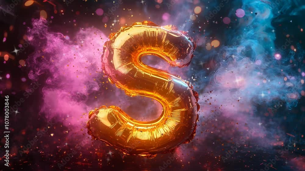 A cute balloon-shaped letter 'S' in gold colors, multicolored particles and color smoke background A cute balloon-shaped letter 'S' in gold colors, multicolored particles and color smoke background