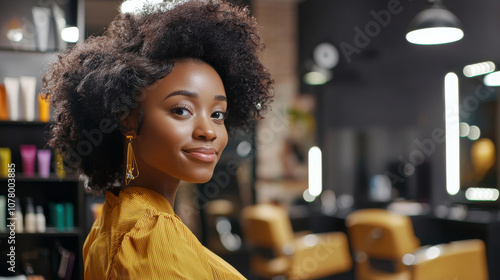 Portrait of a black afro american woman running a beauty salon with hair styling tools, salon chairs and mirrors softly blurred in background