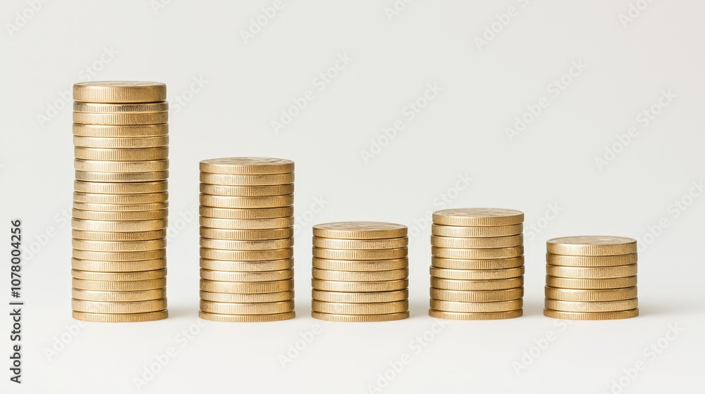 Stacked gold coins in varying heights symbolize growth and financial progression. Stacked gold coins in varying heights symbolize growth and financial progression.