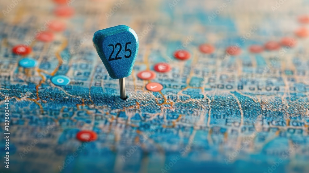 A blue pin with the number 225 is pushed into a map, indicating a specific location. A blue pin with the number 225 is pushed into a map, indicating a specific location.