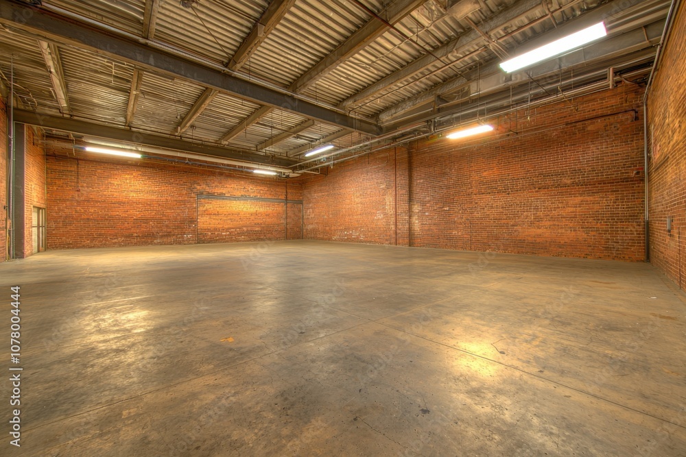 A spacious industrial warehouse with brick walls and concrete flooring, ready for use.