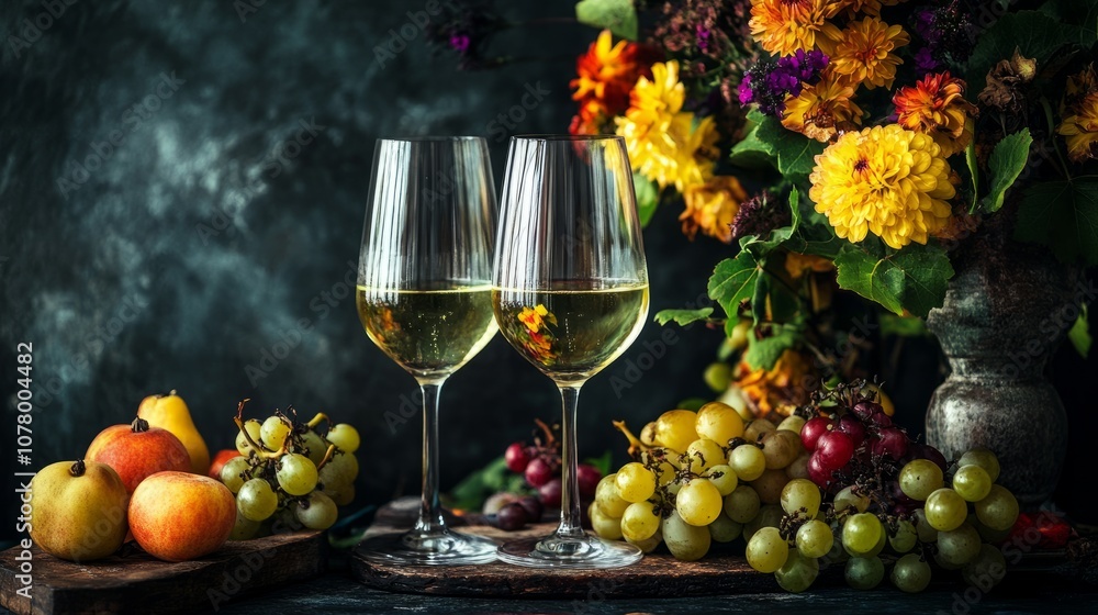 Dark, moody background with white wine, bright fruits, and vibrant flowers in a rustic, elegant setup Dark, moody background with white wine, bright fruits, and vibrant flowers in a rustic, elegant setup