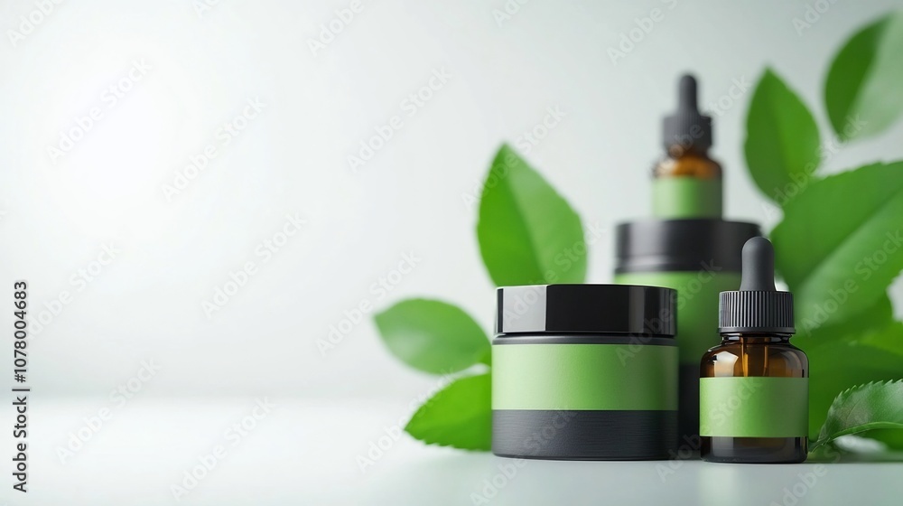 Natural Skincare Display with Essential Oils and Cream Jars on Clean Background Natural Skincare Display with Essential Oils and Cream Jars on Clean Background