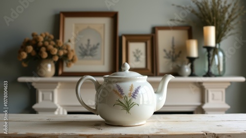 Wallpaper Mural Vintage teapot for farmhouse decor. A floral teapot sits on a wooden table. Behind it, candles glow, framed by vases and empty picture frames on a white mantel. Torontodigital.ca