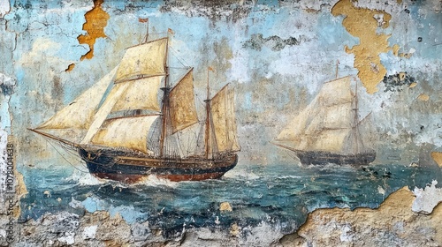 A faded mural depicting two sailing ships on a choppy sea, painted on a weathered brick wall.