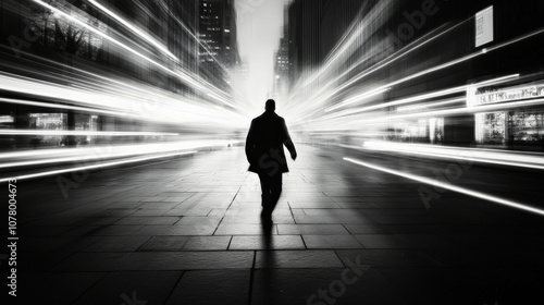 figure walking through cityscape with abstract light streaks, creating sense of motion and urgency. scene captures essence of urban life