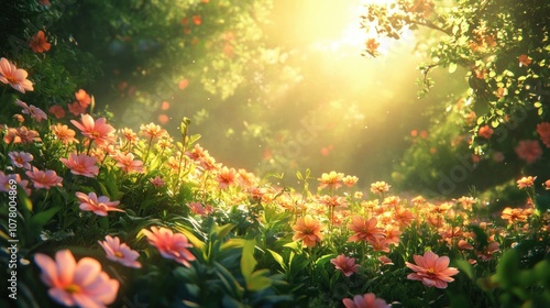 A field of pink flowers bathed in warm sunlight, with trees and greenery in the background.