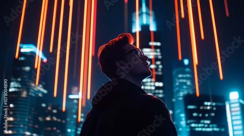 figure in silhouette gazes upward amidst vibrant city lights and abstract streaks, creating dynamic urban atmosphere
