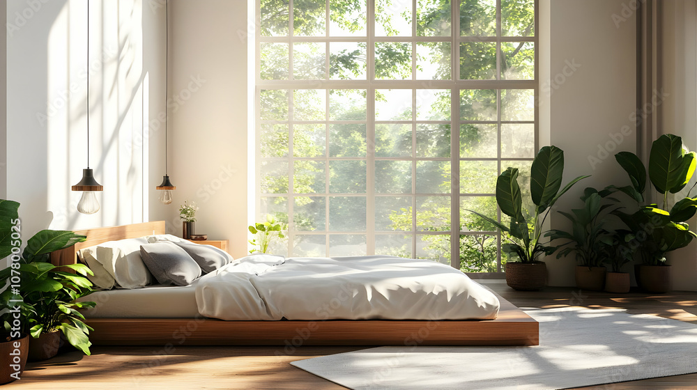 A modern bedroom with minimalist decor. A modern bedroom with minimalist decor.
