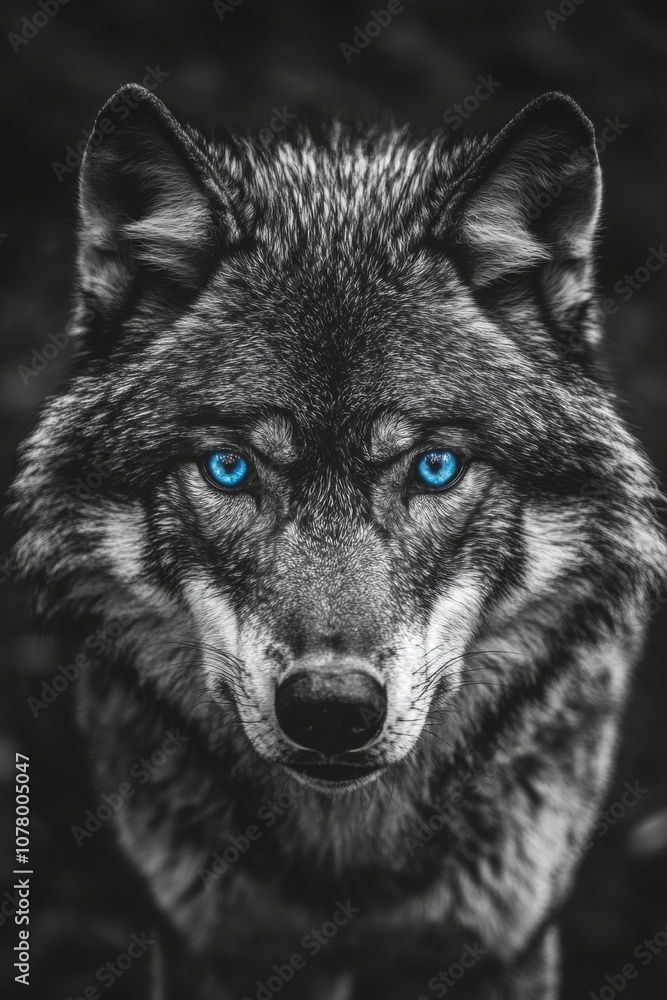 Fototapeta premium A striking black and white portrait of a wolf with mesmerizing blue eyes staring directly into the camera. Generative AI