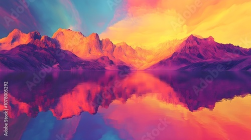 Vibrant sunset reflects tranquil beauty in nature over mountain range generated