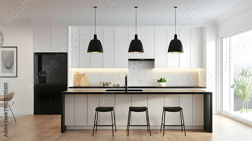A modern kitchen with sleek white cabinets, black kitchen island and hanging lamps.