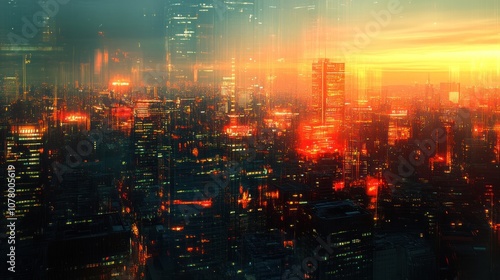 A futuristic cityscape with a glowing orange sunset in the background, illuminated by neon lights.