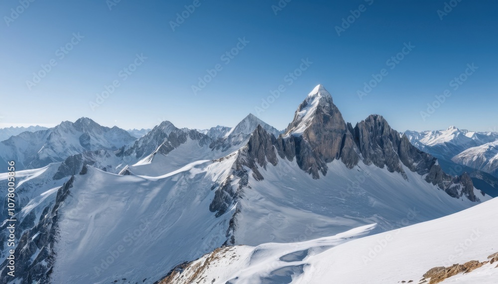 mountain peaks covered in snow with a clear blue sky, breathtaking landscape mountain peaks covered in snow with a clear blue sky, breathtaking landscape