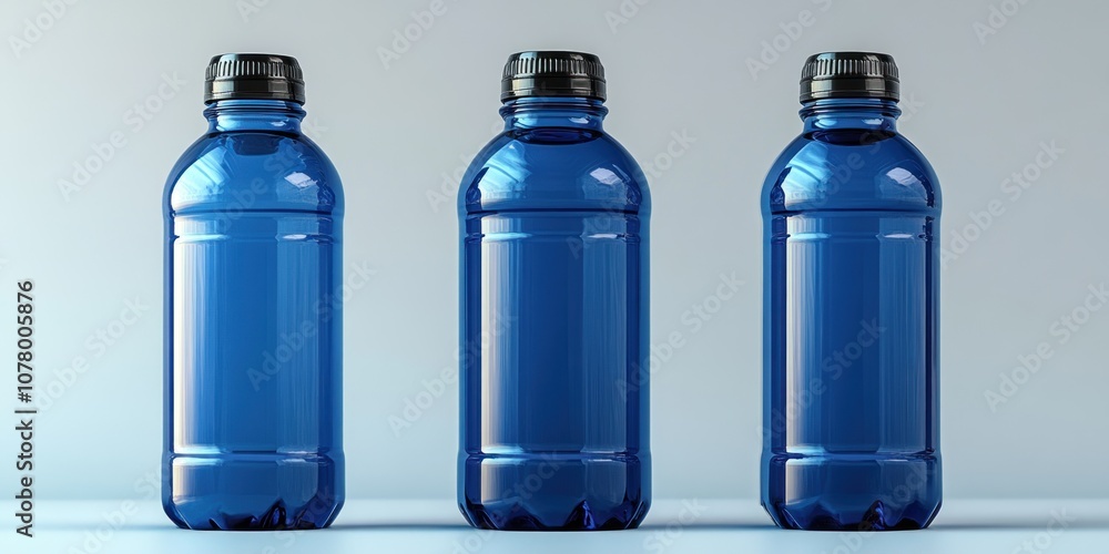 Three Blue Plastic Bottles on a Light Blue Background Three Blue Plastic Bottles on a Light Blue Background